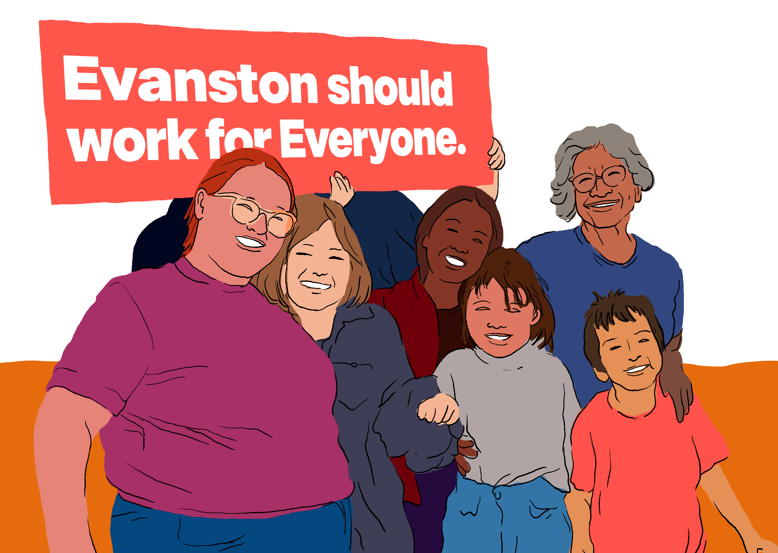A smiling multigenerational group holding a sign reading Evanston should work for Everyone